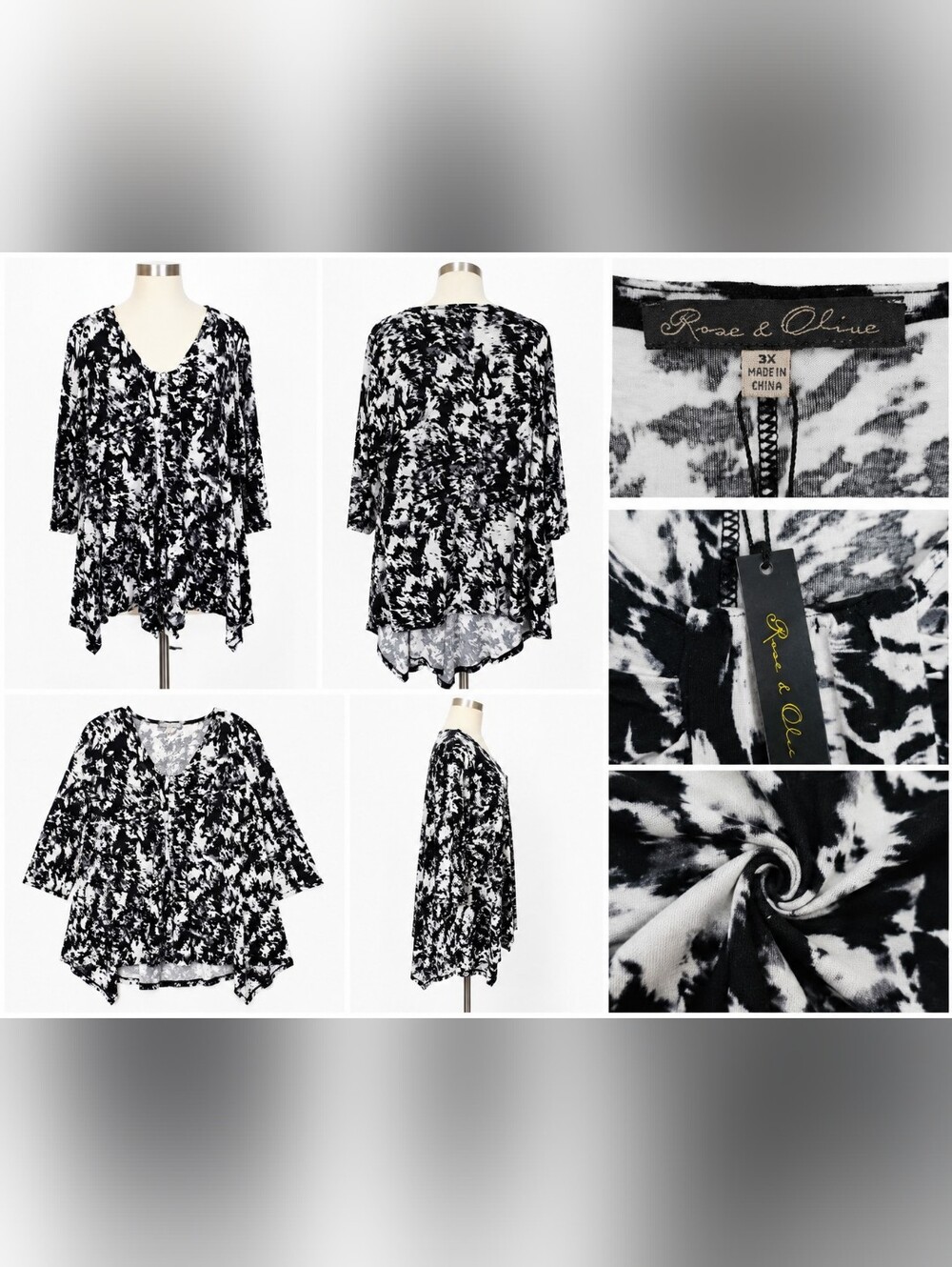 Rose & Olive Women's 3X Black White Abstract Tunic Top 3/4 Sleeve Handkerchief.